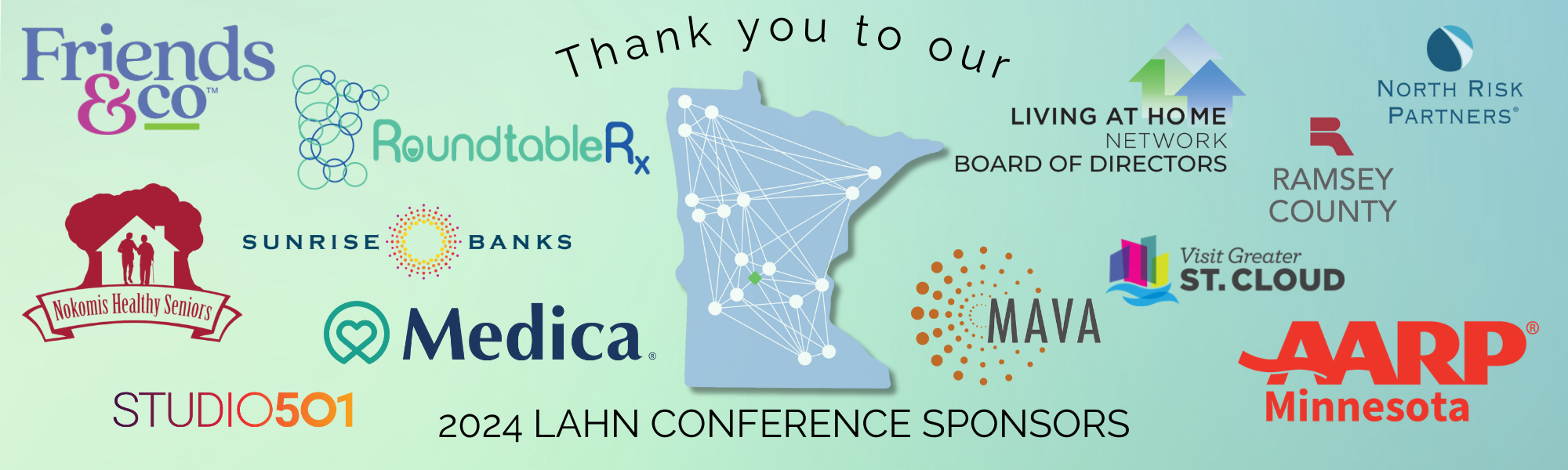 Living at Home Network 2024 Conference sponsor logos: AARP, MAVA, Medica, Friends&Co, Roundtable Rx, The Board of Directos, Nokomis Healthy Seniors, and North Risk Partners, Studio501, Ramsey County, Sunrise Banks, St. Cloud